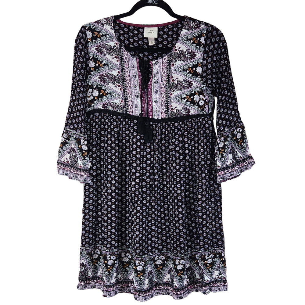 Knox Rose Womens Dress Small Black Purple Bell Long Sleeve Floral Knee Length